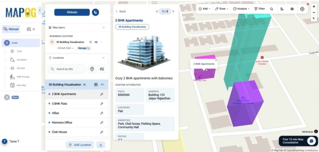 multiple 3d buildings on map