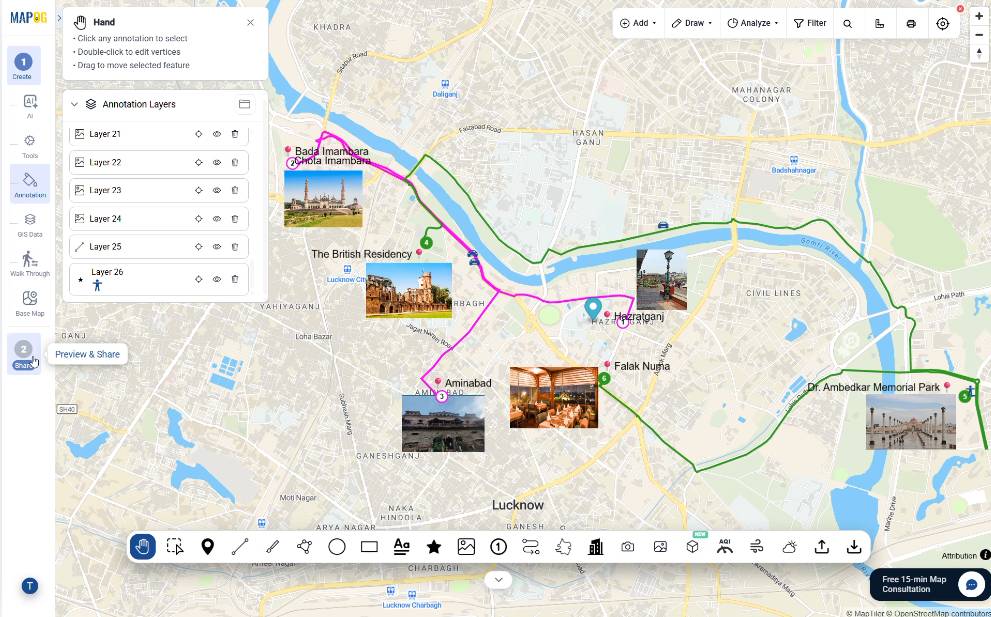 final overview of interactive tourism itinerary using map labels