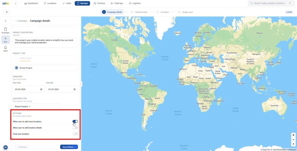 Select location type and configure contributor permission settings