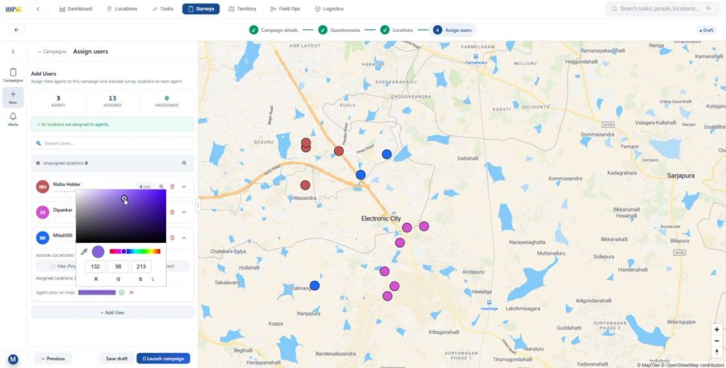 Set unique colors for asset survey assignments to improve map visibility and tracking
