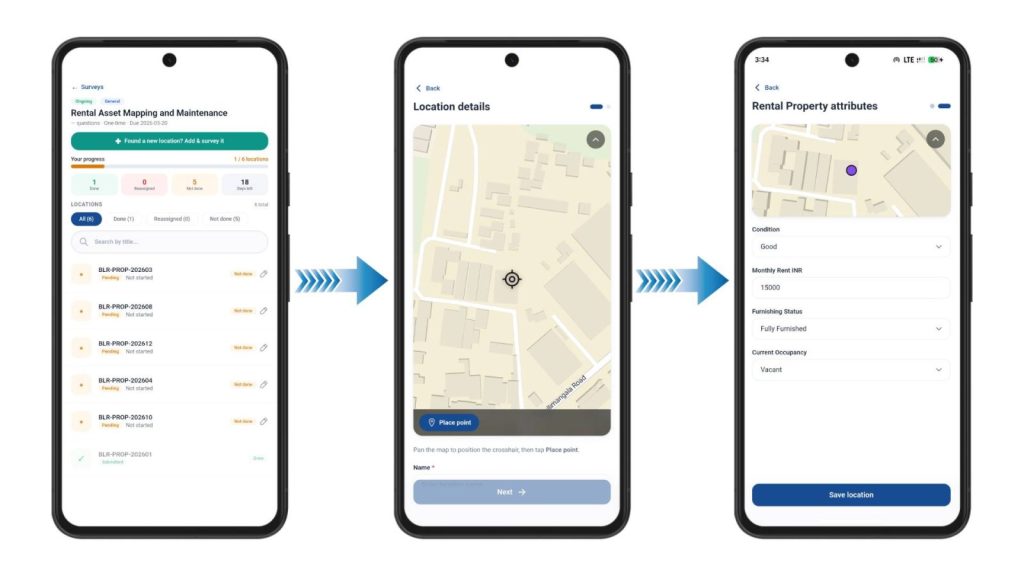 Conduct Asset Surveys by adding and saving new property locations in the app