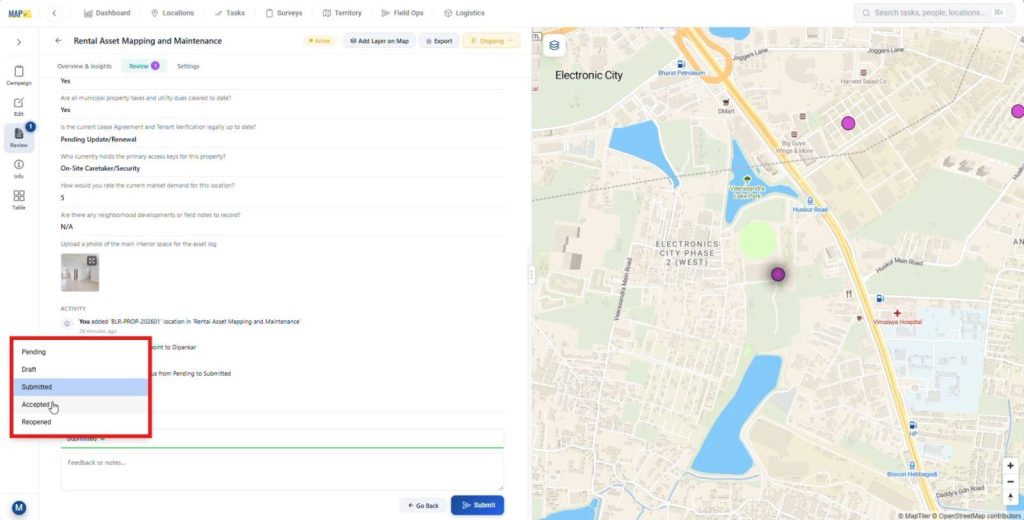 Review and manage asset survey entries for quality control and data accuracy