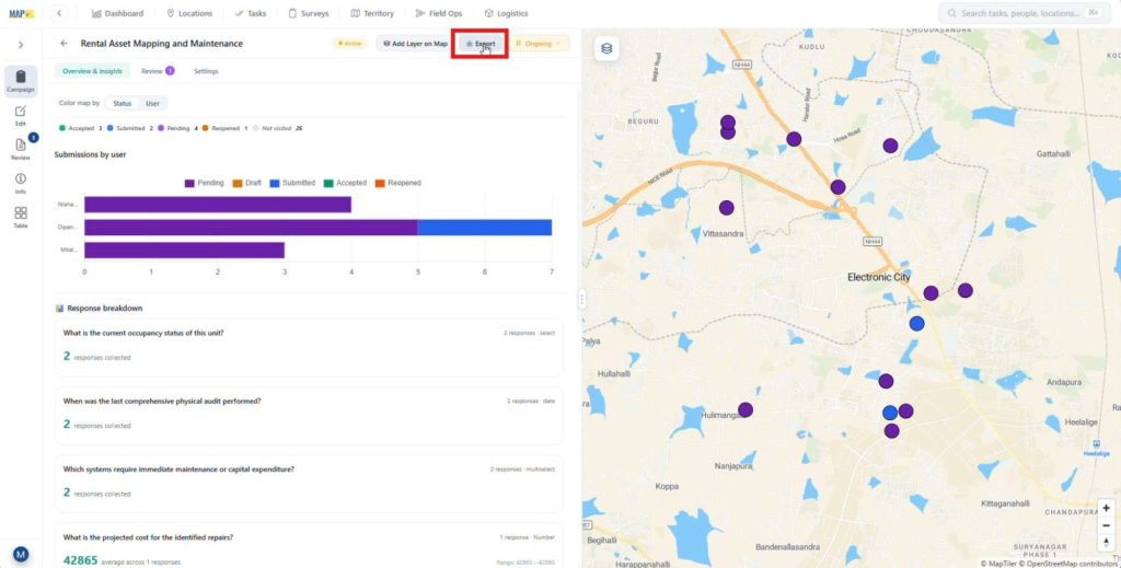 Export asset survey responses as CSV files for analysis and reporting
