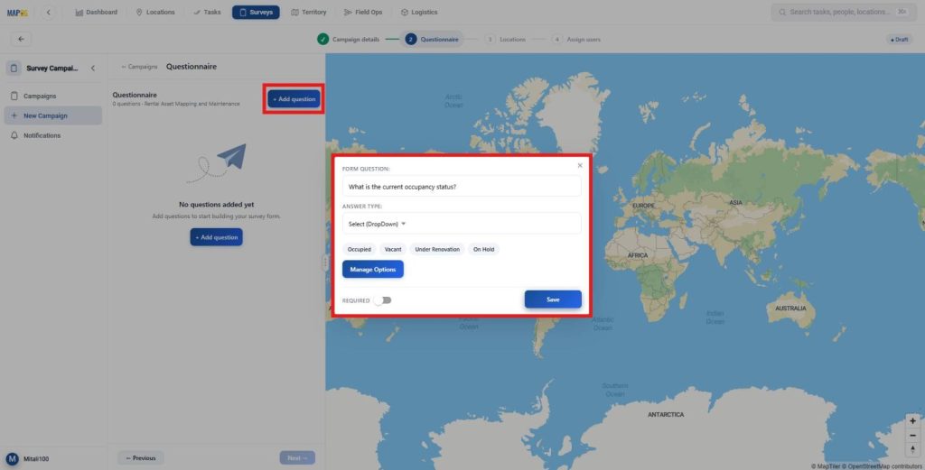 Conduct Asset Surveys by adding occupancy questions and dropdown responses