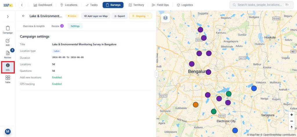 Campaign info about on site data with offline sync map survey