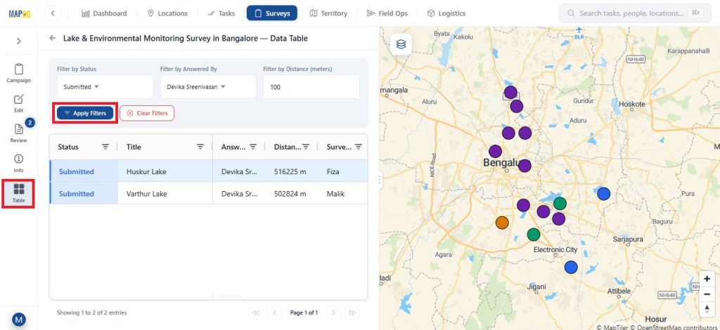 Use filters on your on site data with offline sync map