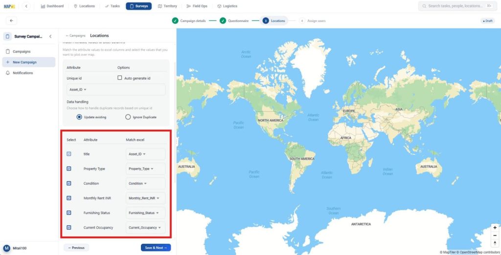 Conduct Asset Surveys by assigning unique IDs and mapping CSV fields to corresponding attributes