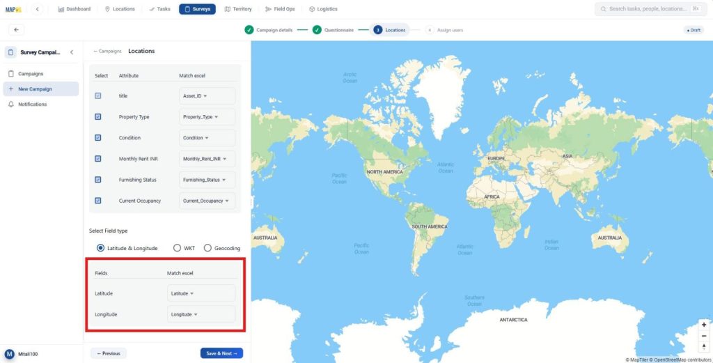 Map asset survey locations using latitude and longitude coordinates automatically