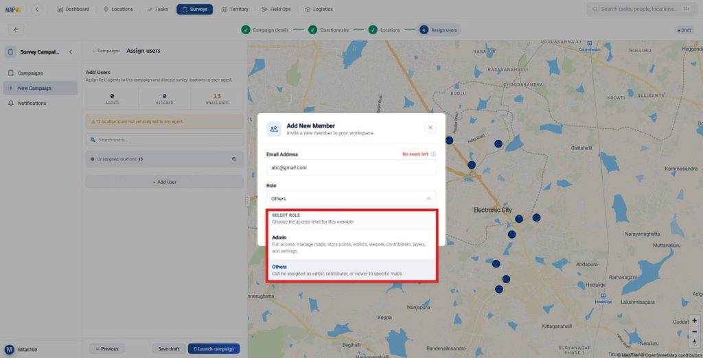 Add users and assign admin, editor, contributor, or viewer roles for surveys