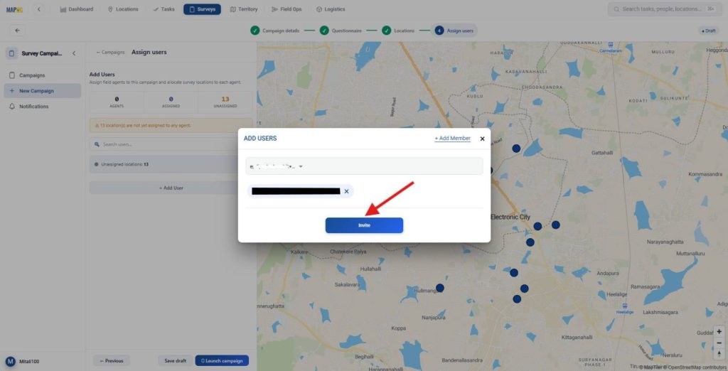 Select contributors and send invites to onboard field teams quickly