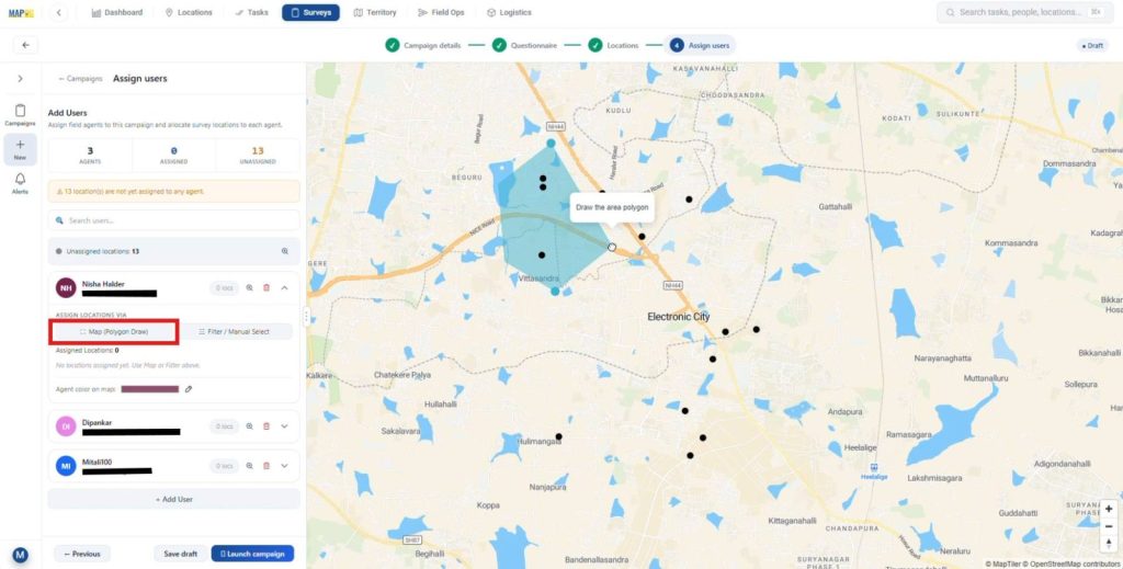 Assign survey areas using polygon map selection for team members