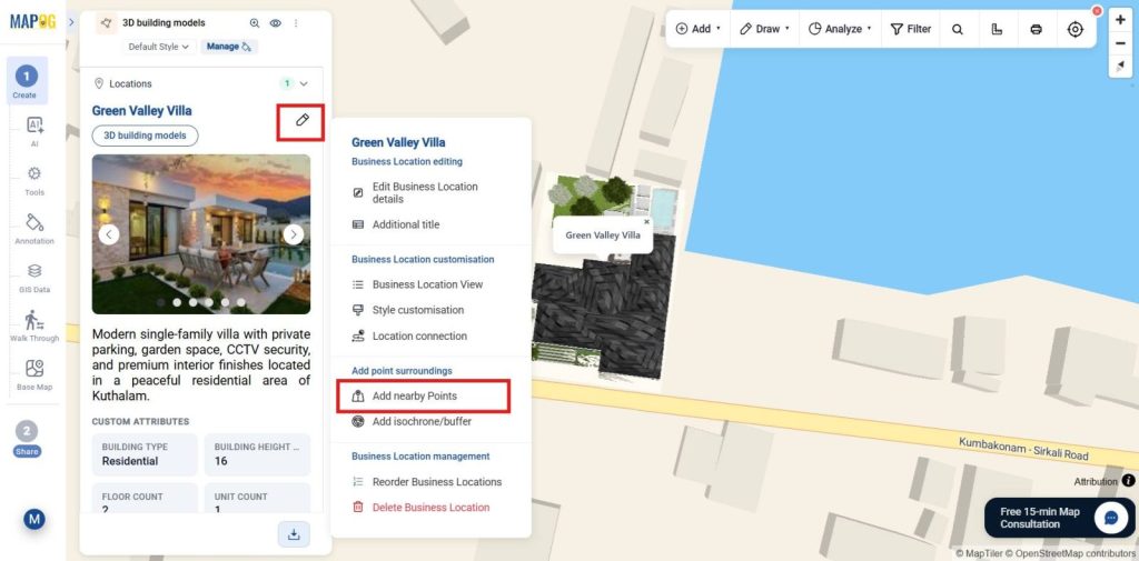 highlight nearby amenities for 3D Models on Maps