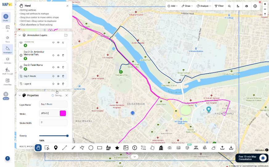 changing route colour, stroke width and opacity to make the map more interactive and categorized