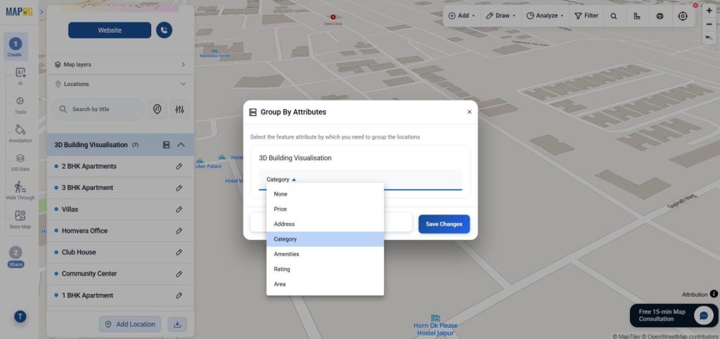 Classifying the attributes by grouping them in a category, to share the 3D Buildings map