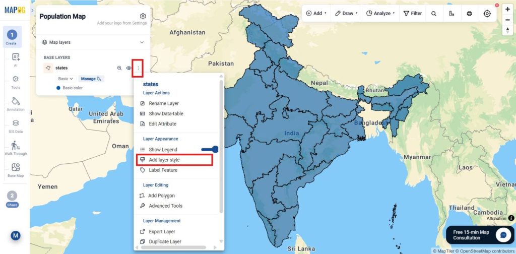 select Add Layer Style for Visualize Population Data 
