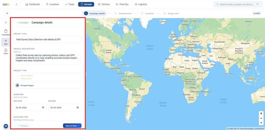 Enter project details for Collect Field Survey Data