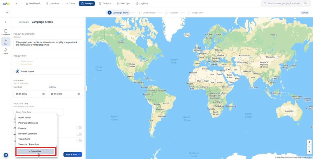 Conduct Asset Surveys by creating a new location type from the dropdown