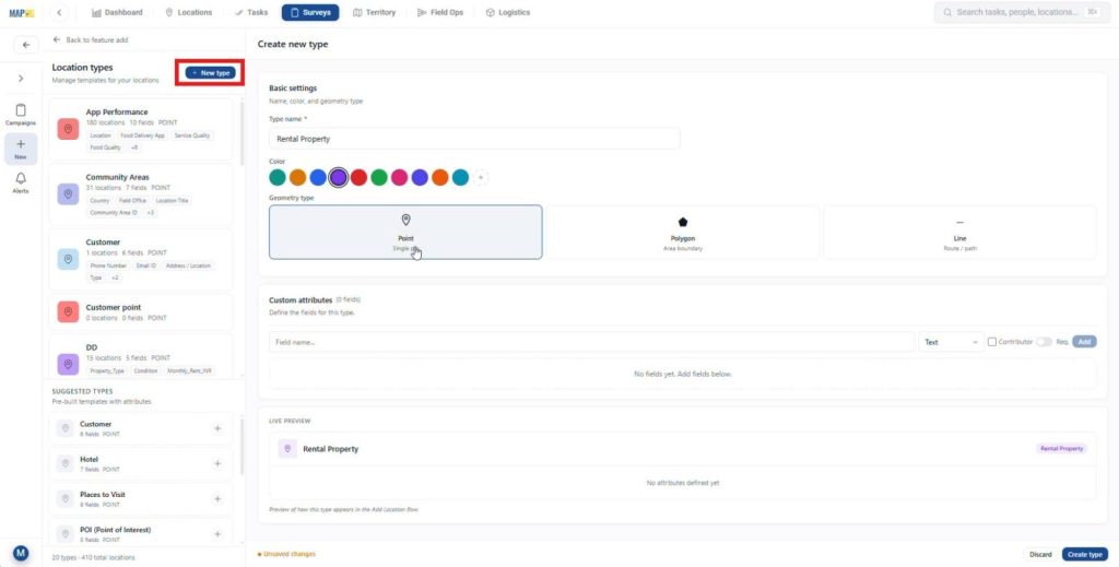 Create a new location type with name, color, and point geometry
