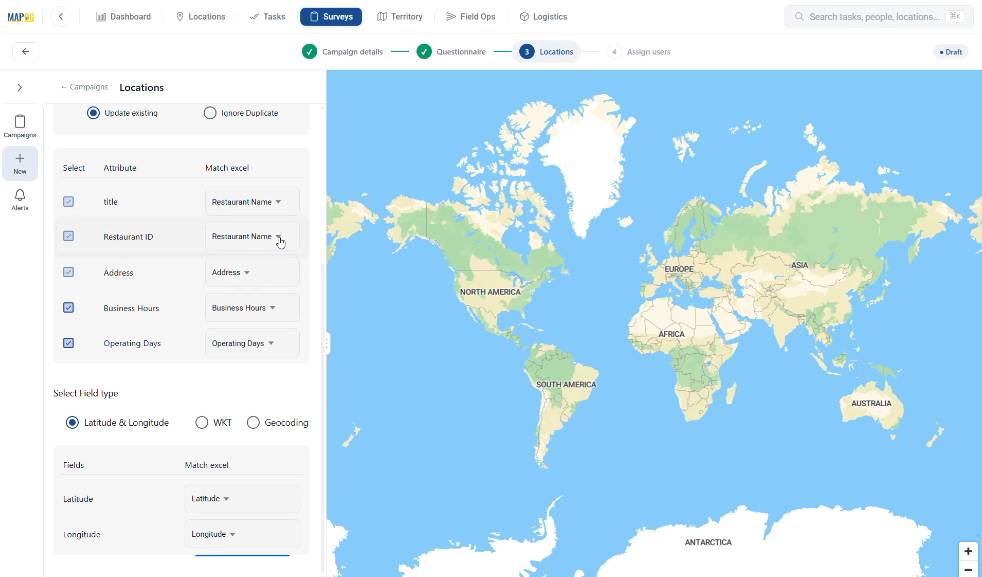 match all attributes & set lat/long coordinates for spatial surveys