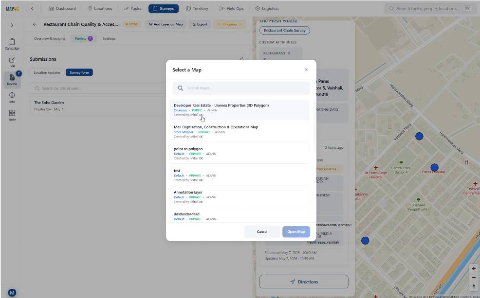 adding survey data collected through mobile application on an existing map
