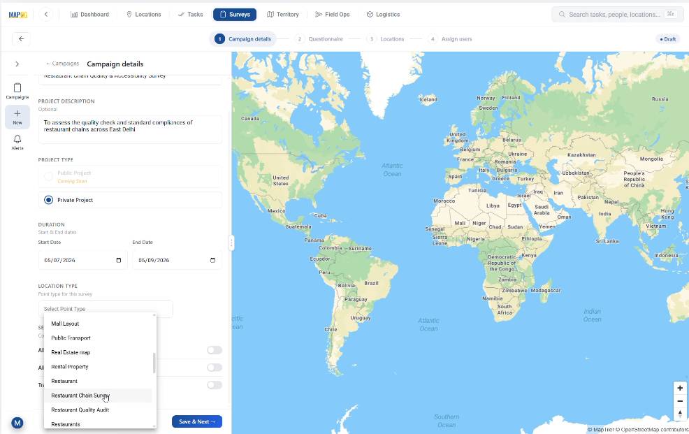 choosing newly created location type, saving it and going to the next step for spatial surveys