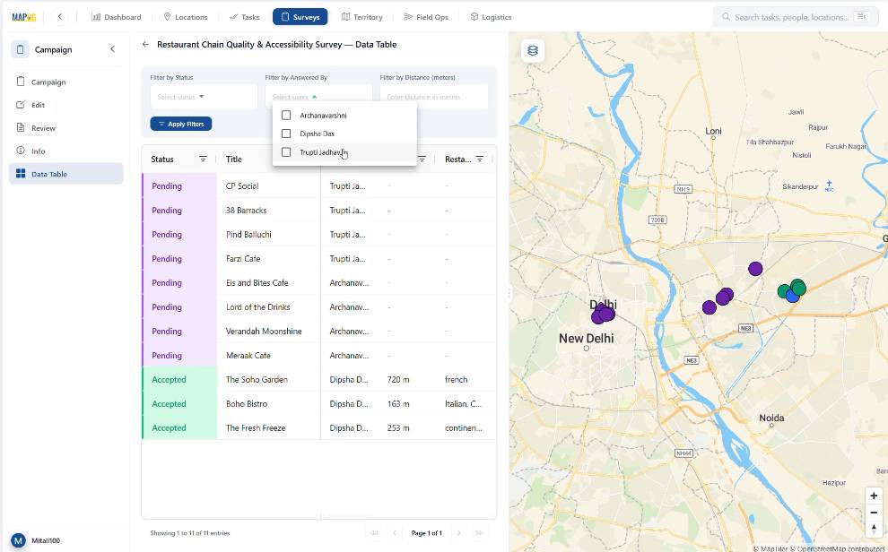 using filter in table section to check survey status