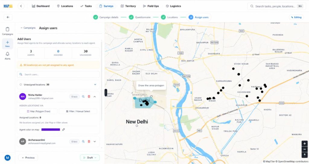 assigning locations to users via polygon creation that will show up in the mobile application