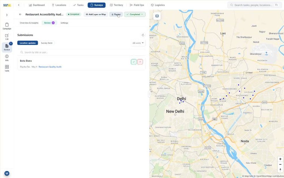 exporting mobile application via collected spatial survey data into a consolidated excel sheet