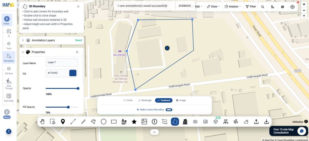 create a polygon using freehand tool in interactive 3d property boundaries map