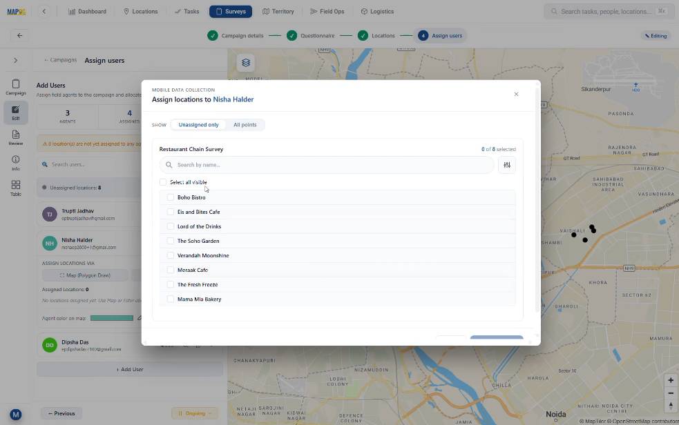 assigning locations to users via filter tool that will show up in the mobile application