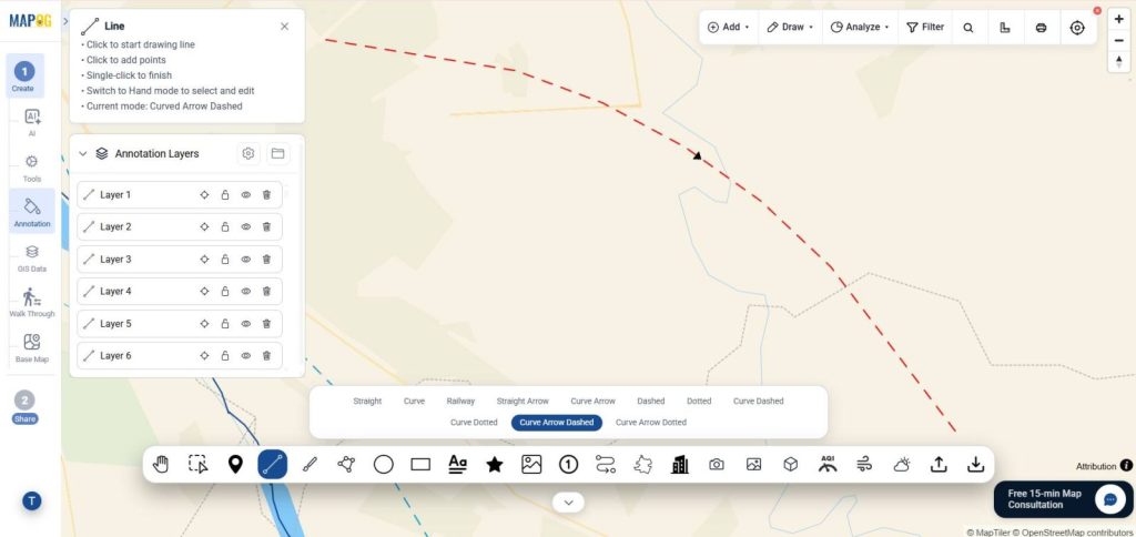 MAPOG, curved arrow dashed line annotation tool
