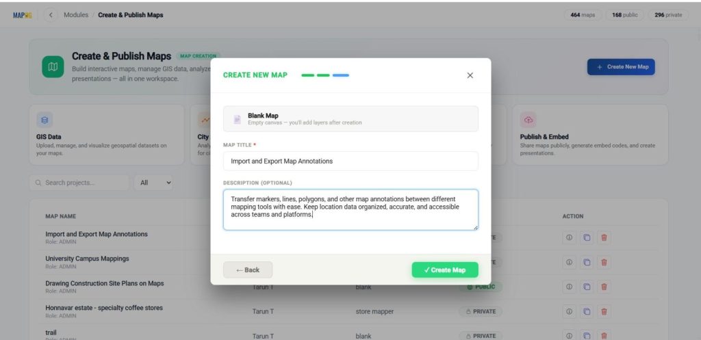 provide a title, description, then click create to initialize your project to known How to Import and Export Map Annotations