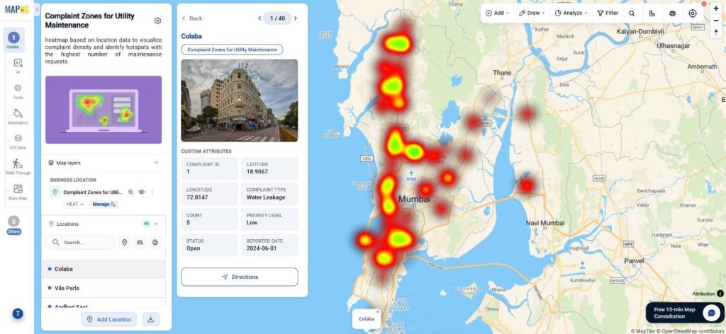 GIS Heat Map Example: Visualize maintenance complaint hotspots and identify high-density service areas using an interactive heat map.