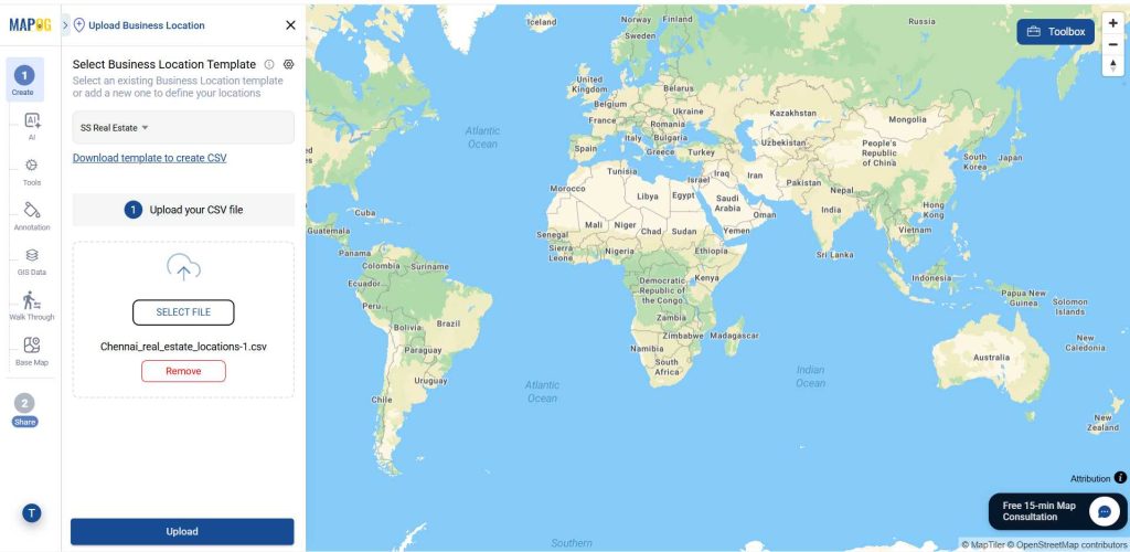 select the created template from the dropdown and upload your CSV/Excel file to Transform Spreadsheet Data into Interactive Maps