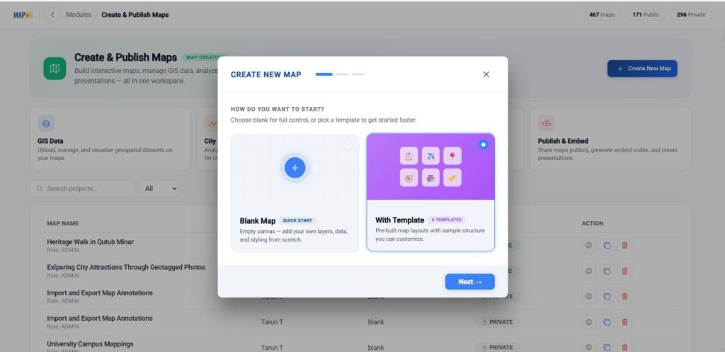 Click on Create New Map — choose with template