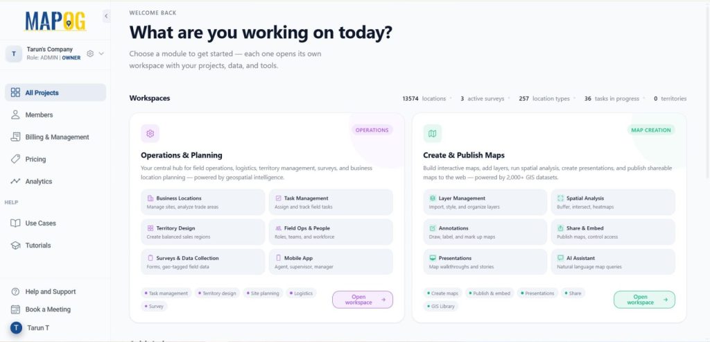 MAPOG Workspace Dashboard: Access map creation, heat map analysis, location management, and field operations tools from a centralized GIS workspace.