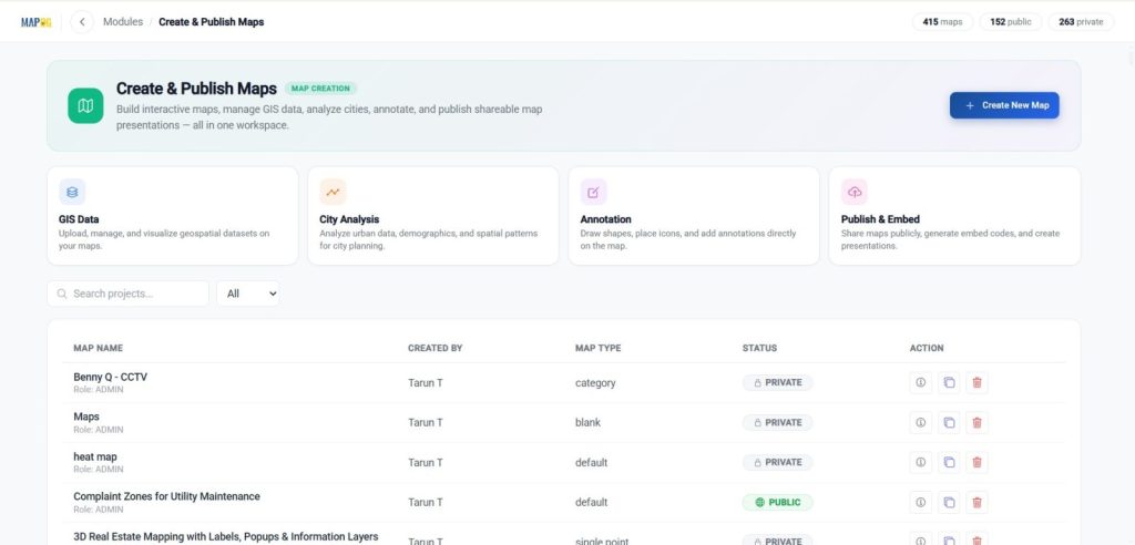 Create & Publish Maps Module: Create interactive GIS maps, manage spatial data, perform heat map analysis, and publish shareable map projects from a single workspace.