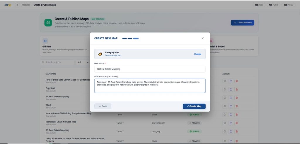 provide a title, description, then click create map to initialize your project. 