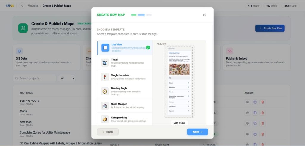 Create New Map Wizard: Select a map template and quickly create a new GIS project for heat maps, location mapping, and spatial data visualization.
