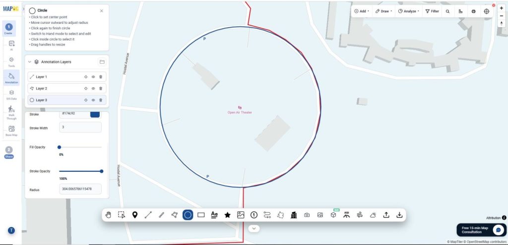use Fill to change the color inside the circle, Stroke to modify the outline color, and Stroke Width to adjust the outline thickness. You can also use Fill Opacity and Stroke Opacity to customize the transparency of the fill and outline.