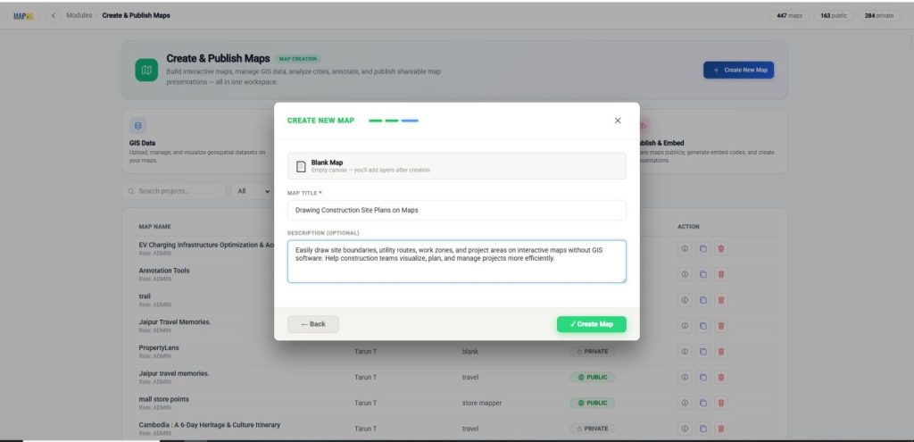 provide a title, description, then click create to initialize your project
to Draw Lines Polygons and Shapes