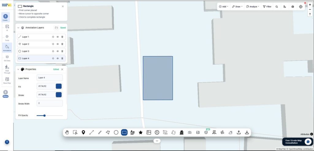 use Fill to change the color inside the rectangle, Stroke to modify the rectangle outline color, and Stroke Width to adjust the outline thickness. Use Fill Opacity and Stroke Opacity to customize the transparency of the fill and outline. 