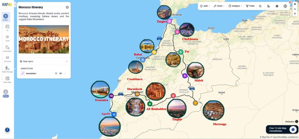 Numbered Map Markers arranged in sequence on an interactive travel map.
