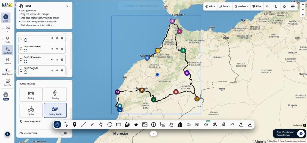 Numbered Map Markers connected through driving routes on an interactive map.