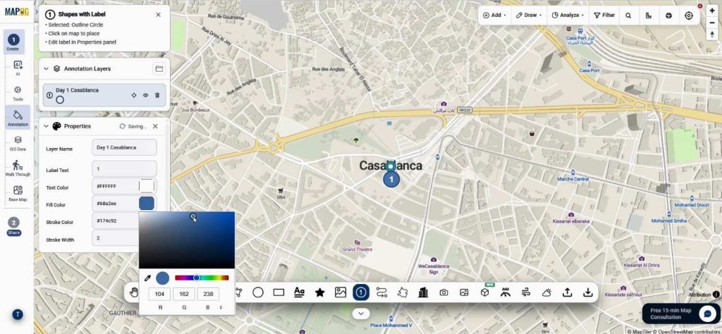 Numbered Map Markers customized with colors and labels inside MAPOG annotation.