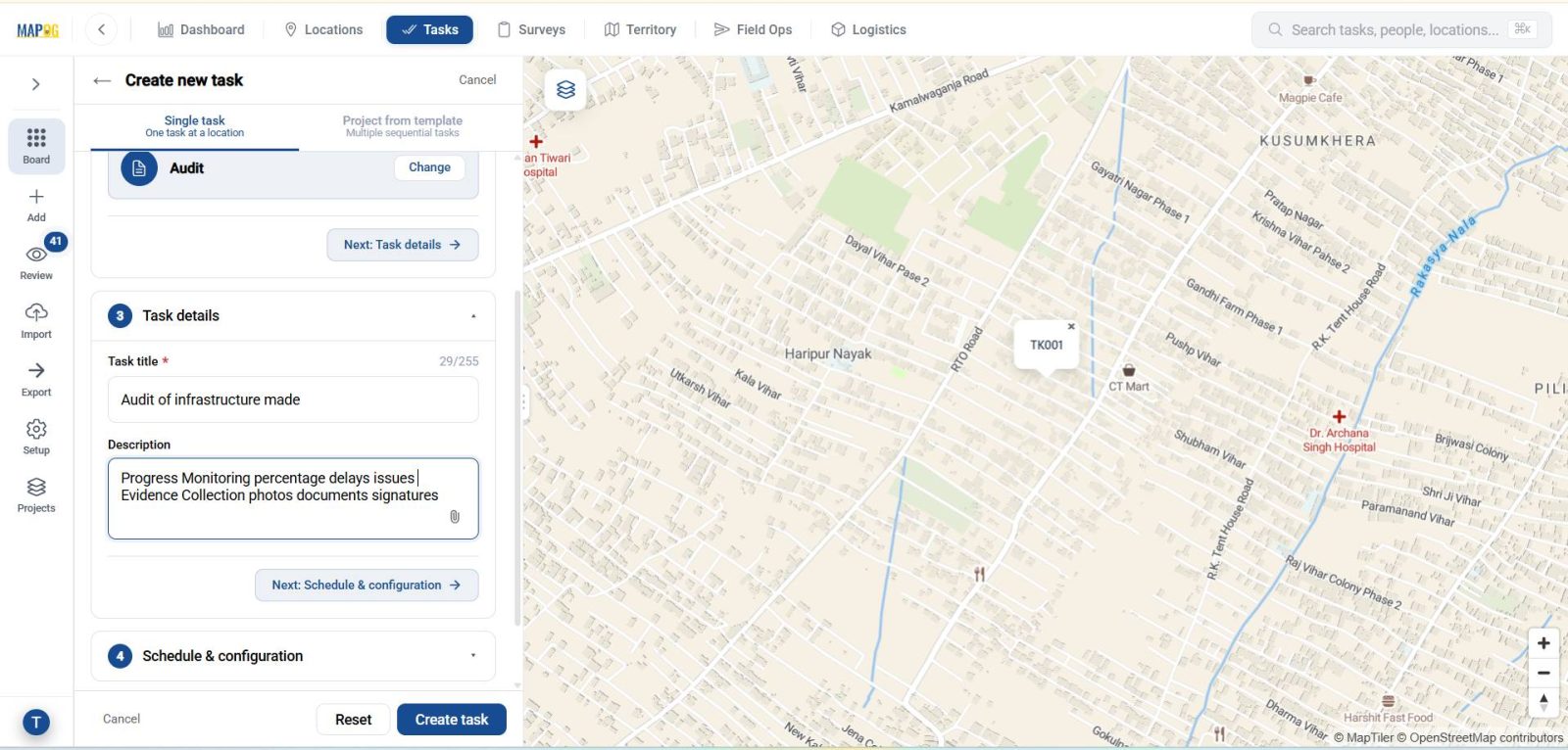 tittle and description and creating task Track Team Activities 