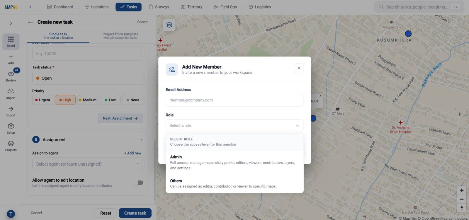 adding new members and selecting role Track Team Activities 