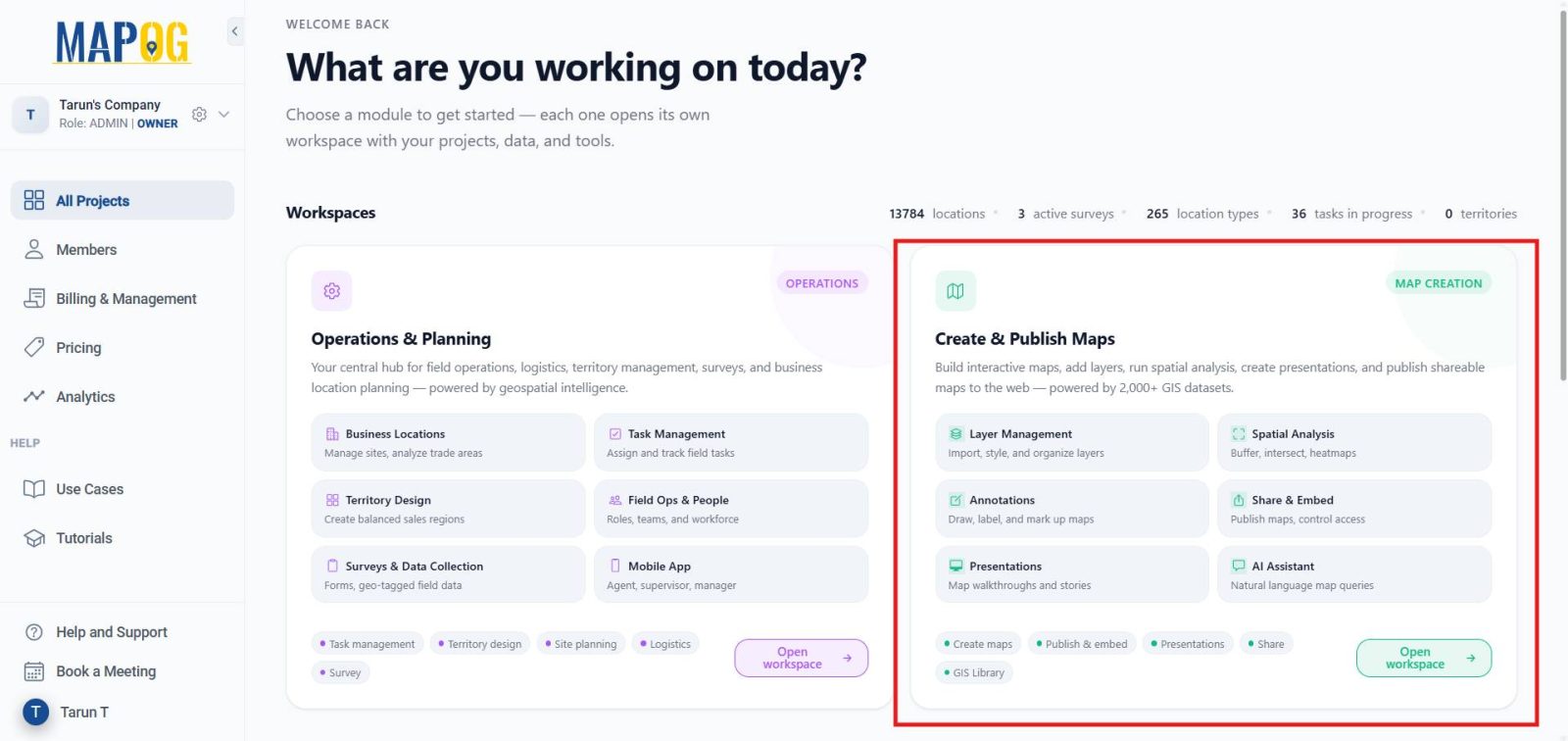 creating new map and opening workspace and  Track Team Activities 