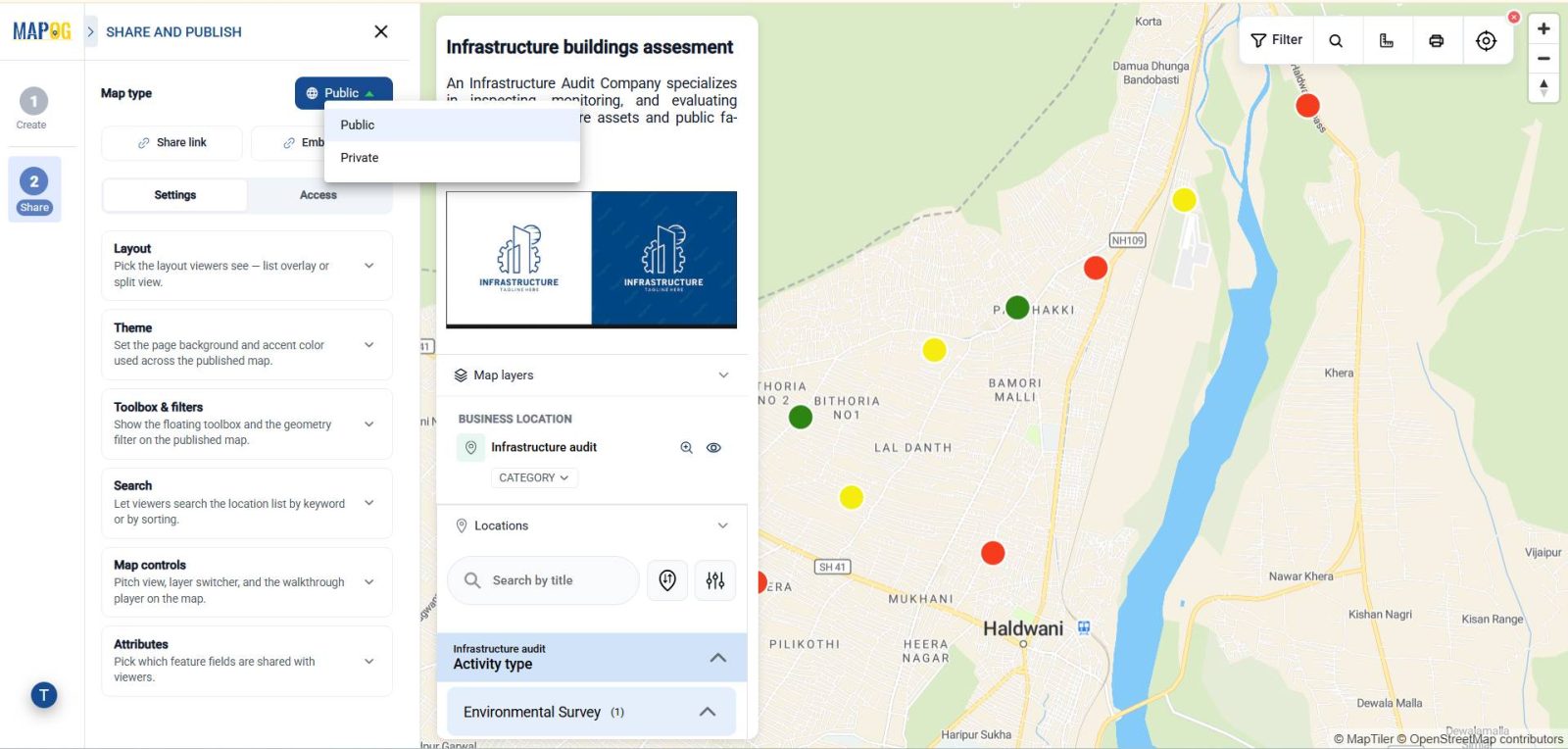 sharing map and choosing public and private 