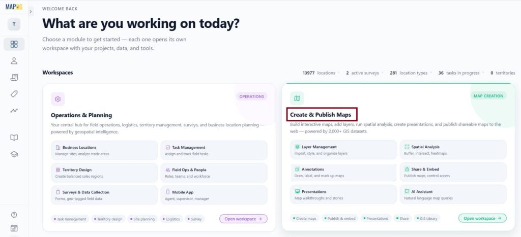 Selecting the Create and Publish Maps option in MAPOG to create a new map.